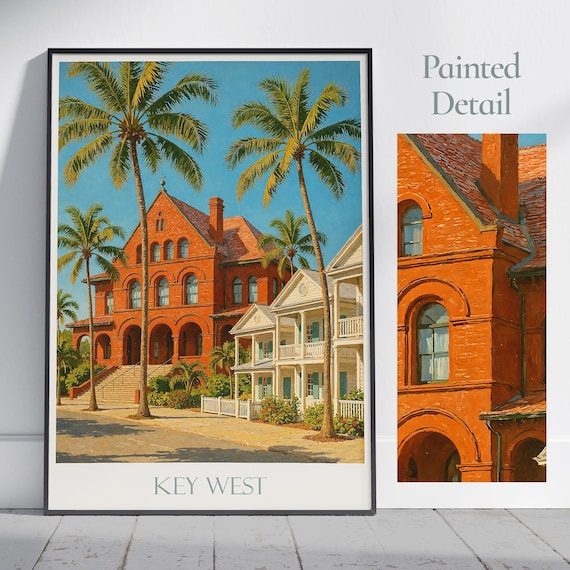 Key West Florida Travel Poster Historic Brick Building Palm Trees Tropical Art