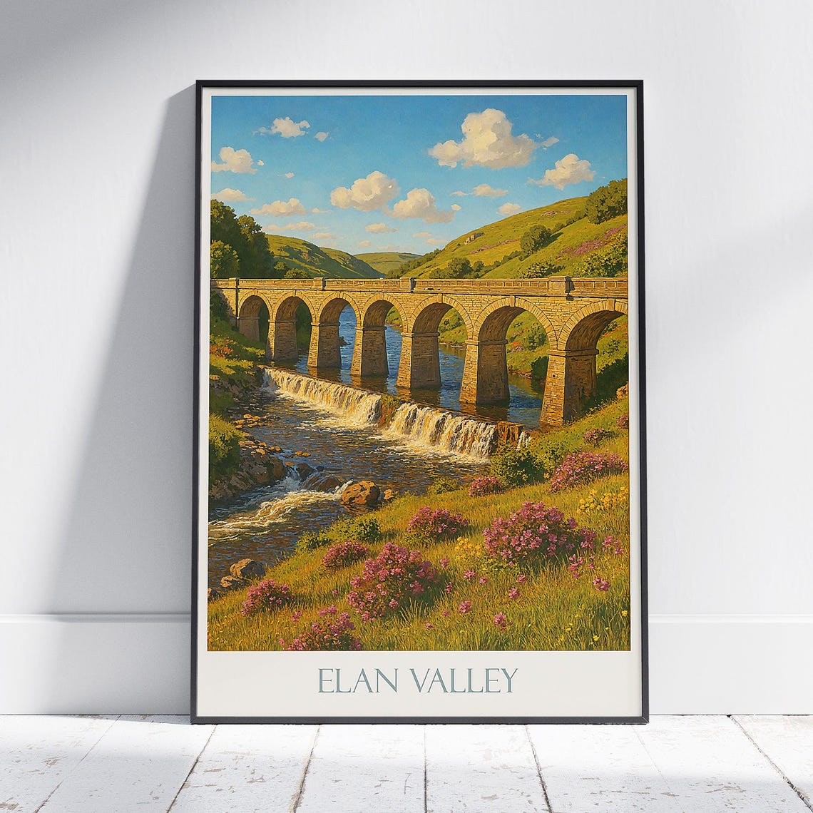Elan Valley Stone Viaduct River Waterfall Welsh Hills Travel Poster
