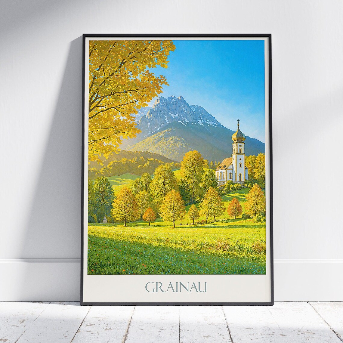Grainau Bavaria Zugspitze Autumn Church Mountain Travel Poster