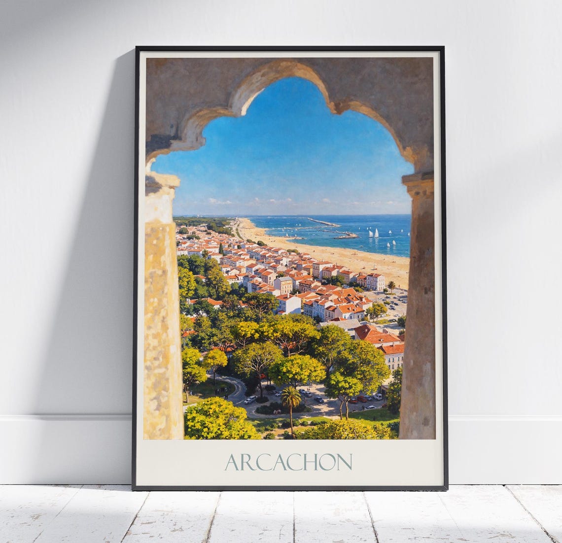 Arcachon France Beach Travel Poster Stone Archway Window Seaside View