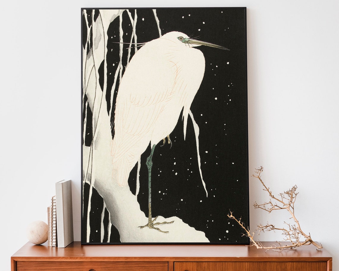 Ohara Koson White Heron Standing In Snow Black Background Poster