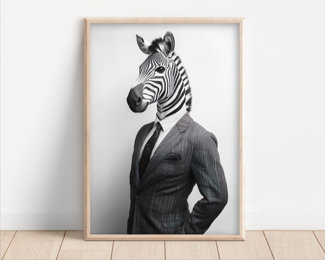 Zebra in a Business Suit Funny Office Animal Black and White Poster