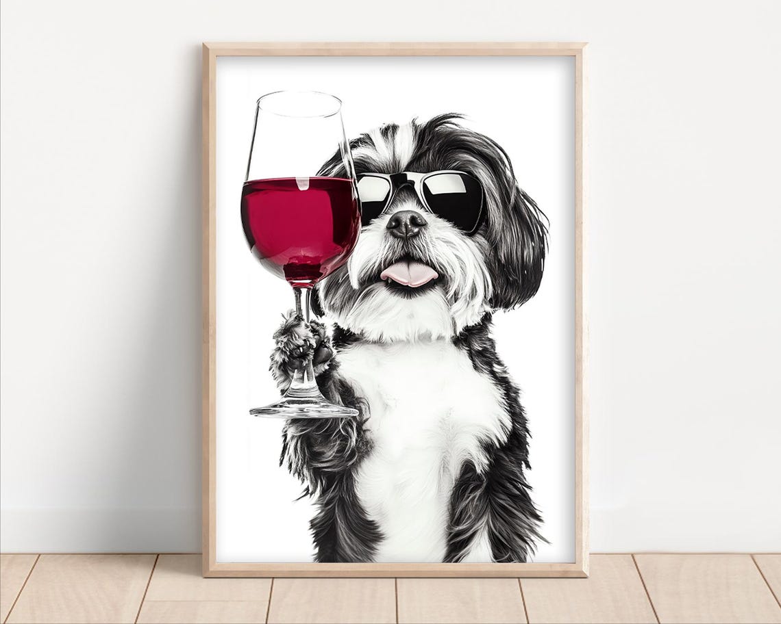Shih Tzu Dog Drinking Red Wine in Sunglasses Funny Pet Poster