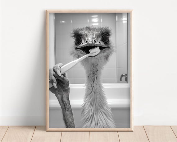 Emu Brushing Teeth Poster Or Canvas Funny Bathroom Wall Art Kids Laundry Room Decor Retro Animal Humor Cute Print