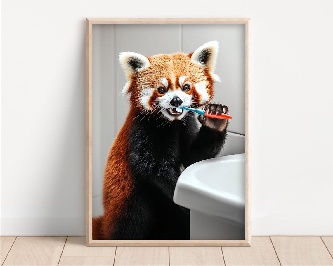 Adorable Red Panda Brushing Teeth Funny Bathroom Animal Wall Poster