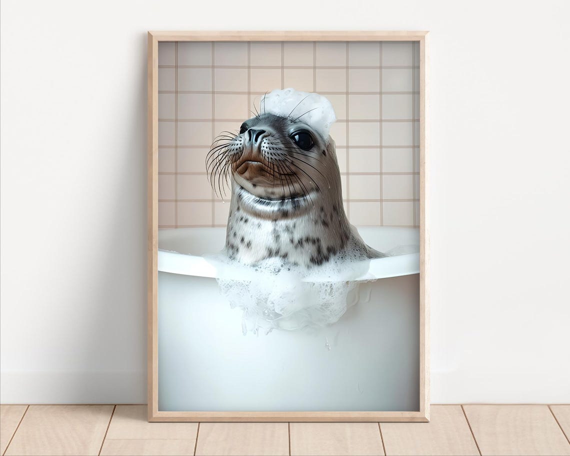 Seal Bubble Bath With Foam Cap Funny Bathroom Animal Wall Poster
