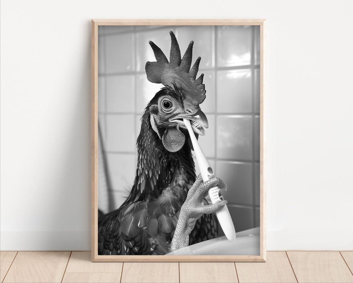 Funny Rooster Brushing Teeth with Toothbrush Bathroom Wall Poster