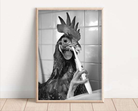Chicken Brushing Teeth Poster Or Canvas Funny Bathroom Wall Art Laundry Room Decor Vintage Style Retro Animal Print Cute Humor