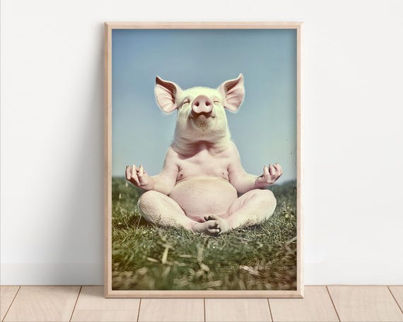 Yoga Pig Poster Or Canvas Funny Wall Art Meditation Cute Kids Nursery Room Decor Retro Zen Quirky Animal Humor Print