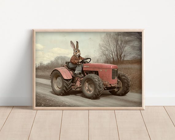 Bunny Driving A Tractor Poster Or Canvas Funny Farm Animal Wall Art Vintage Style Retro Kids Nursery Room Cute Rustic Farmhouse
