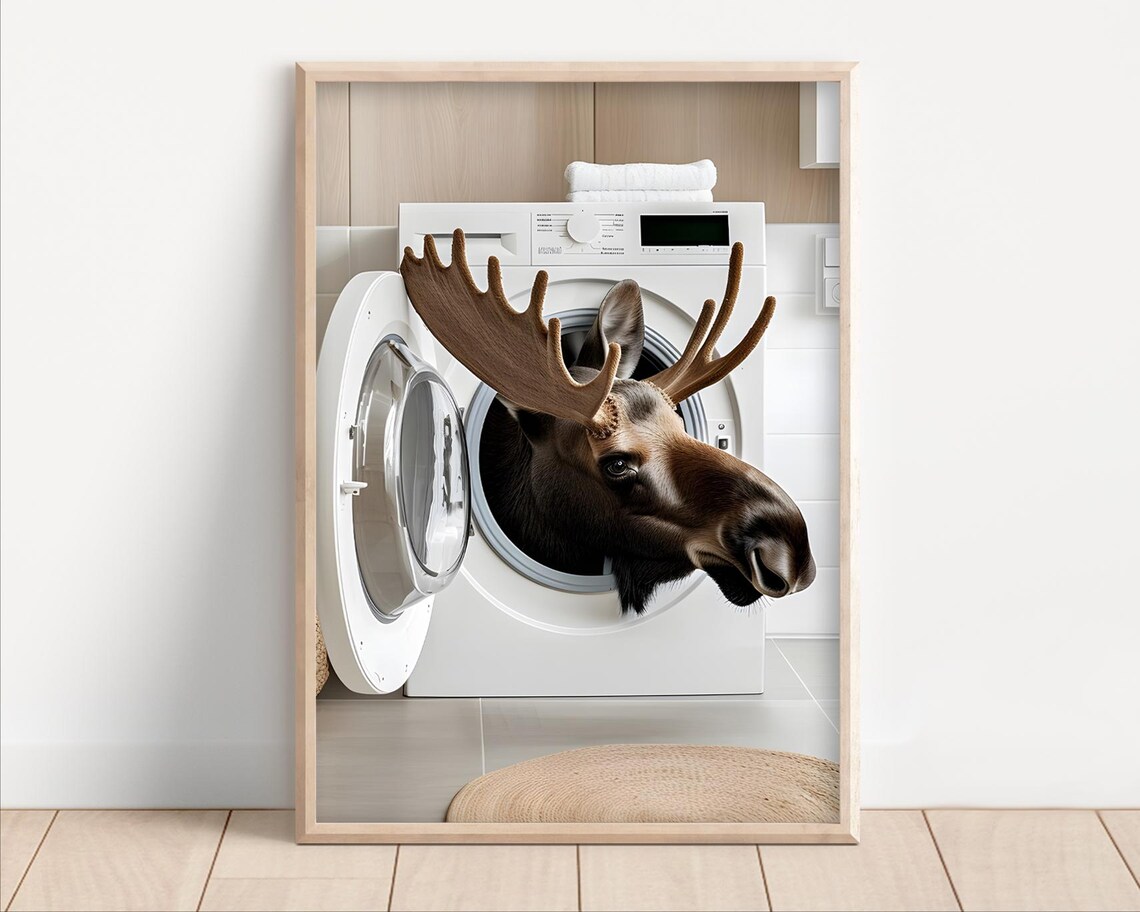 Moose In A Washing Machine Poster Or Canvas Funny Bathroom Wall Art Cute Laundry Room Decor Retro Animals Print