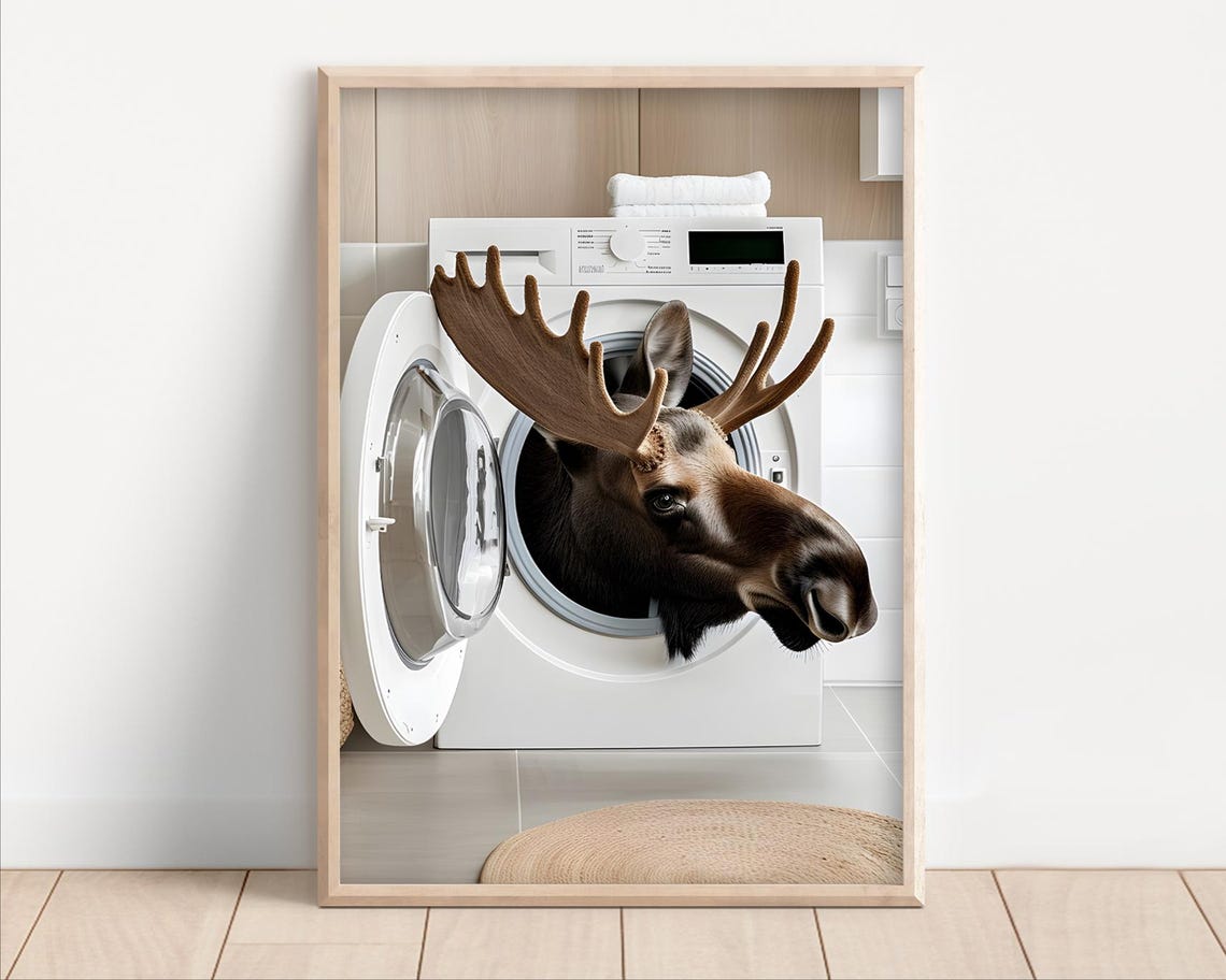 Moose In Washing Machine Funny Laundry Room Wildlife Animal Poster