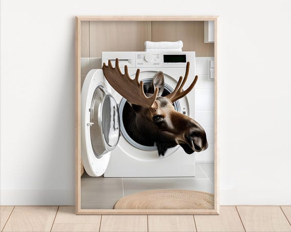 Moose In A Washing Machine Poster Or Canvas Funny Bathroom Wall Art Cute Laundry Room Decor Retro Animals Print