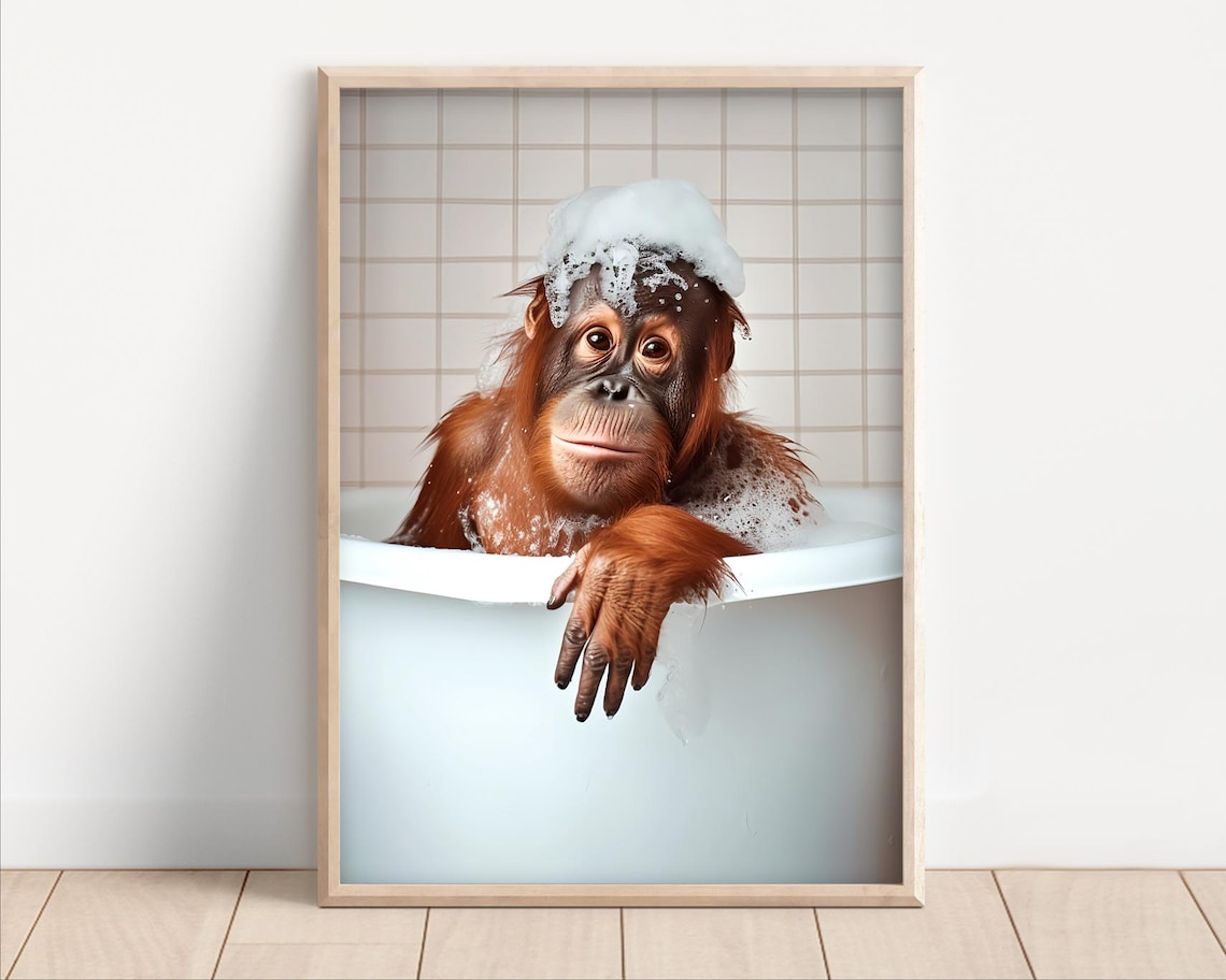 Orangutan Ape Bubble Bath Poster, Funny Bathroom Decor