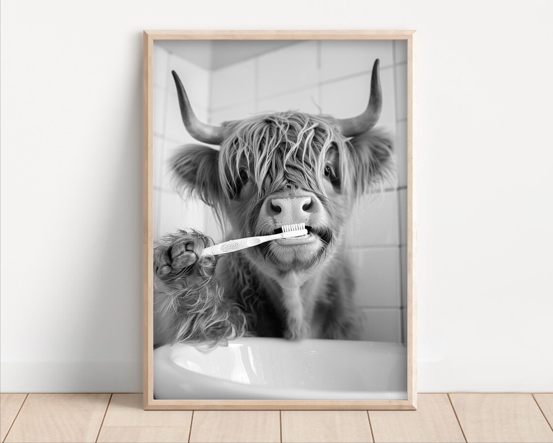 Highland Cow Brushing Teeth Vintage Humor Art Print