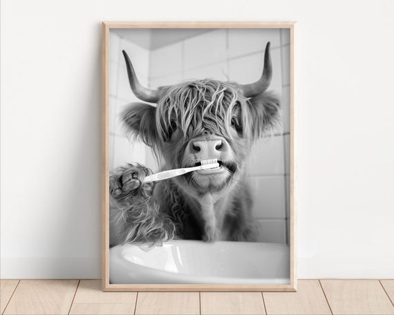 Highland Cow Brushing Teeth Vintage Humor Art Print