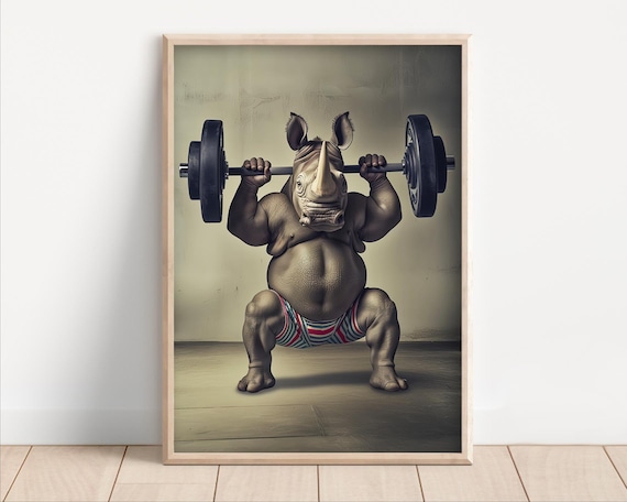 Rhino Lifting Weights Poster Or Canvas Funny Gym Wall Art Decor Animals Working Out Bodybuilder Quirky Animal Humor Print