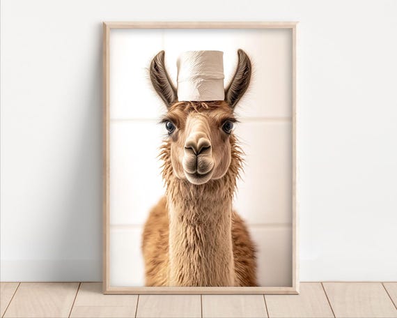 Llama With Toilet Paper On Poster Canvas Funny Bathroom Wall Art Cute Kids Laundry Room Decor Quirky Animal Humor Photo Print