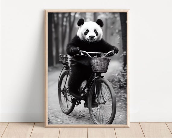 Panda Riding A Bike Poster Or Canvas Funny Animal Wall Art Retro Vintage Style Home Decor Cute Kids Nursery Room Print Quirky Humor