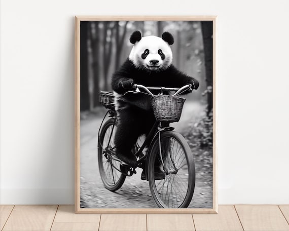 Panda Riding Bicycle With Basket Vintage Black White Animal Poster