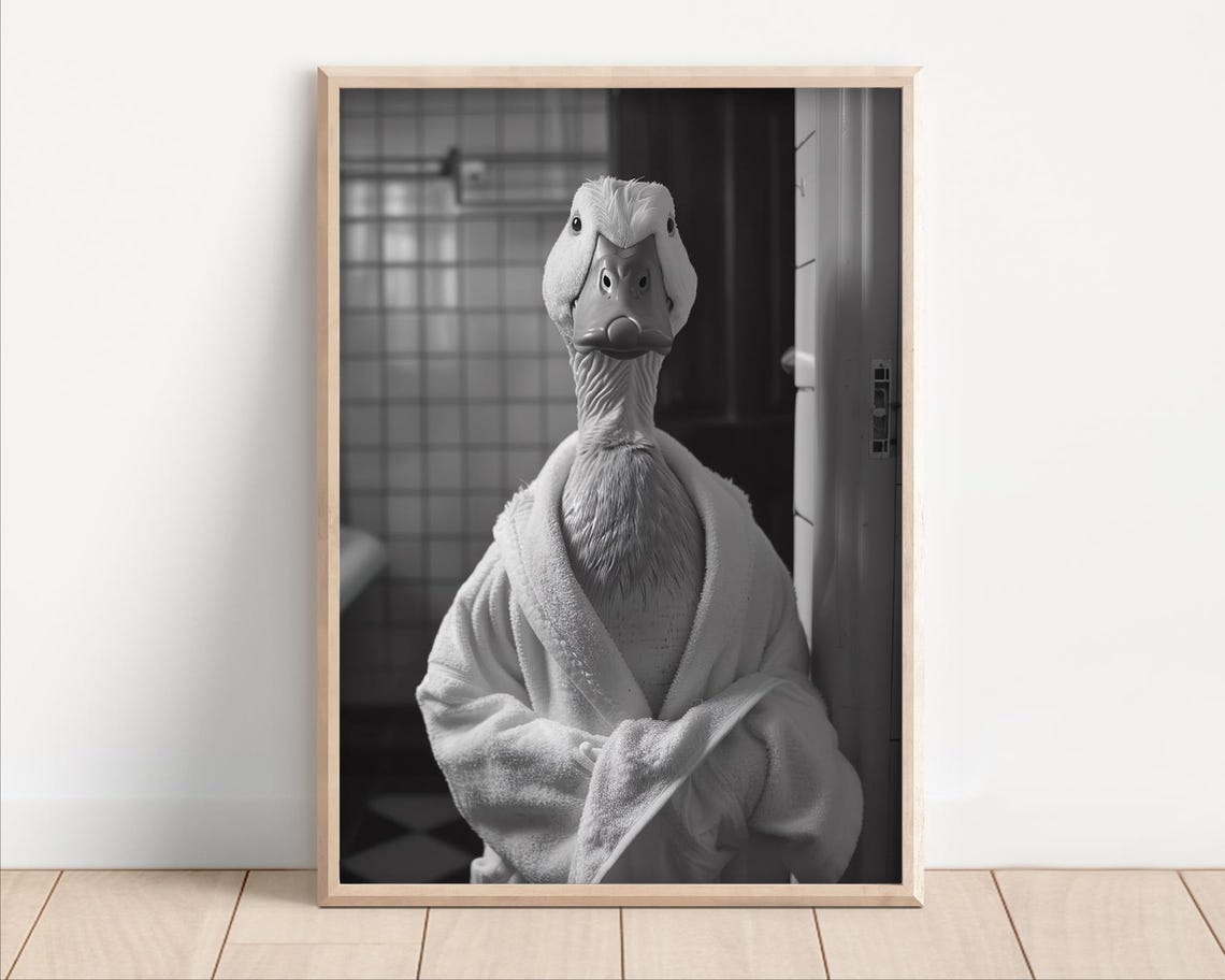 Duck Wearing a Bathrobe Funny Black and White Bathroom Animal Poster
