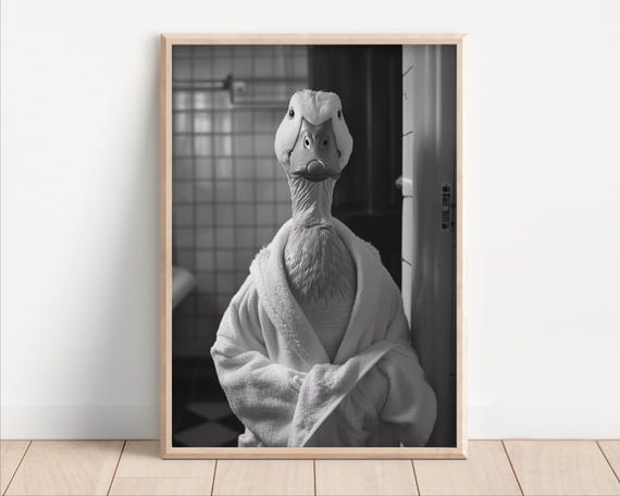 Duck Wearing A Bathrobe Poster Or Canvas Funny Bathroom Wall Art Cute Animals In Kids Laundry Room Decor Print