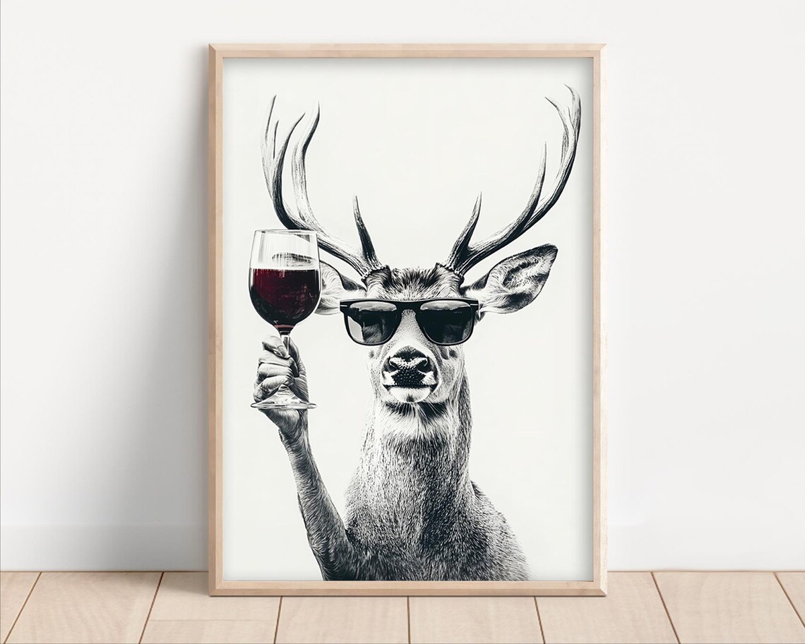 Deer Drinking Red Wine Poster Or Canvas Funny Kitchen Wall Art Retro Home Bar Decor Lovers Dining Room Print Cute Animal