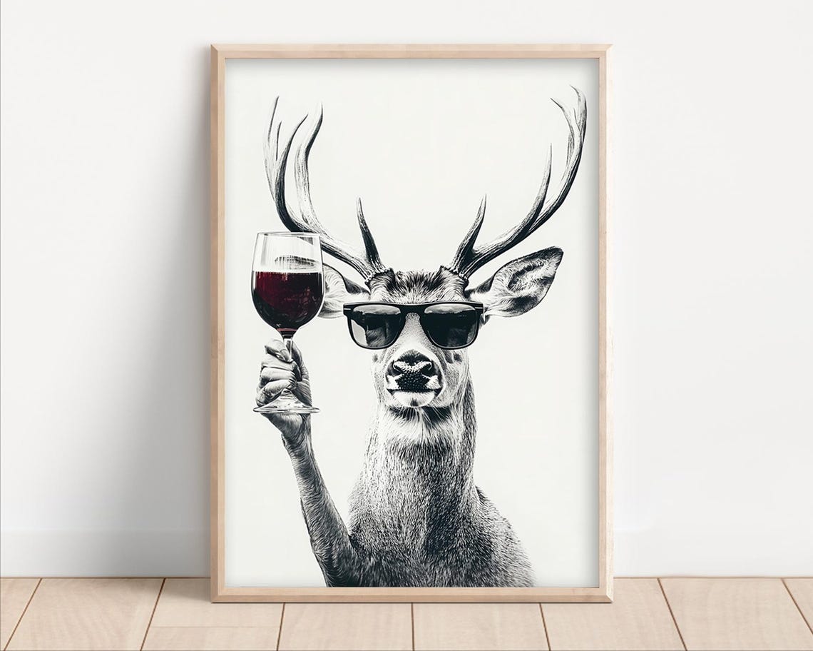 Deer Stag Sunglasses Red Wine Glass Black White Funny Bar Poster