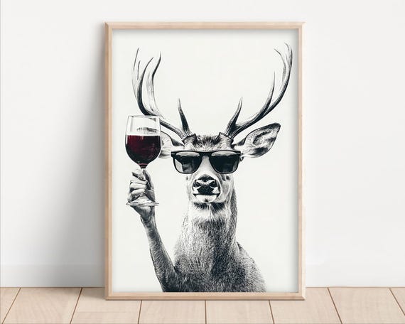Deer Drinking Red Wine Poster Or Canvas Funny Kitchen Wall Art Retro Home Bar Decor Lovers Dining Room Print Cute Animal