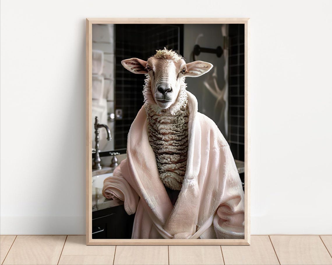 Cute Sheep In Pink Bathrobe In Bathroom Spa Day Funny Poster