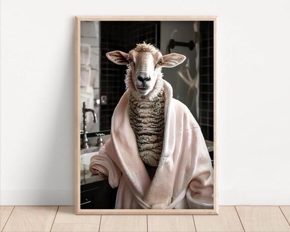 Funny Sheep Bathroom Wall Art In Bathrobe Poster Or Canvas Quirky Laundry Room Decor Animal Humor Print Toilet Powder