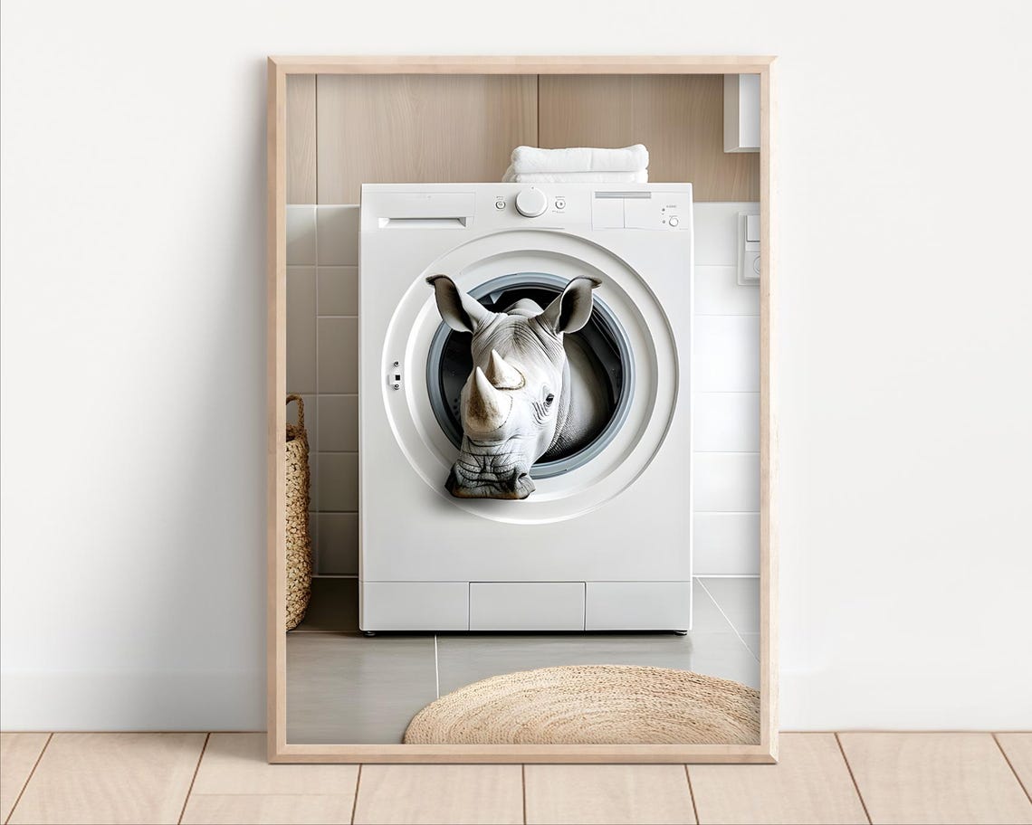 Rhino Inside Washing Machine Funny Laundry Room Animal Poster