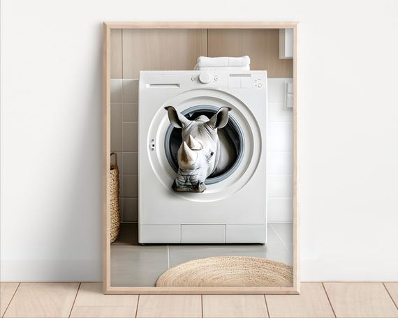 Rhino In A Washing Machine Poster Or Canvas Funny Bathroom Wall Art Cute Laundry Room Decor Retro Animals Rhinoceros Print