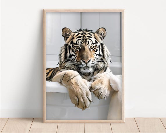 Funny Tiger In Bubble Bath Wall Art Animals Bathtub Poster Or Canvas Quirky Laundry Room Decor Cute Kids Humor Print Home Spa