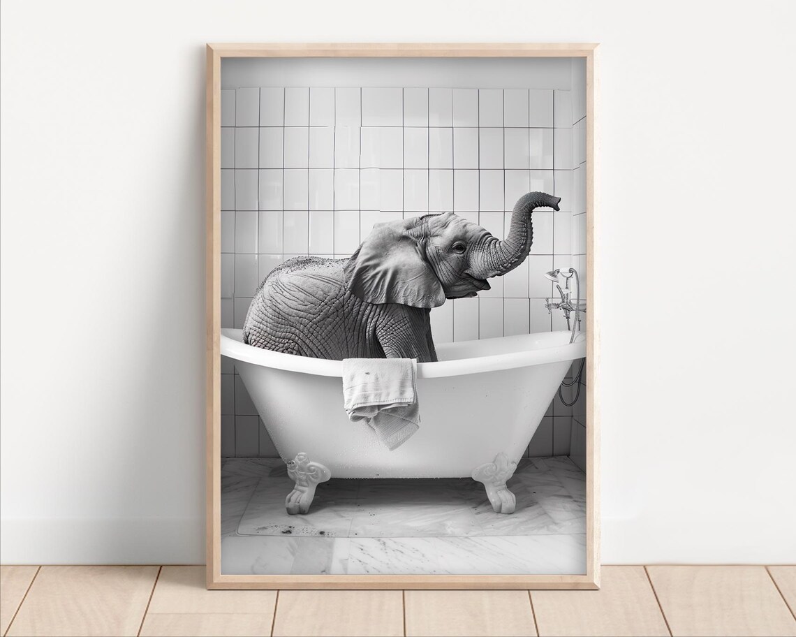 Elephant Taking A Bath Poster, Vintage Retro Decor