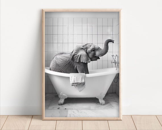Elephant Taking A Bath Poster, Vintage Retro Decor