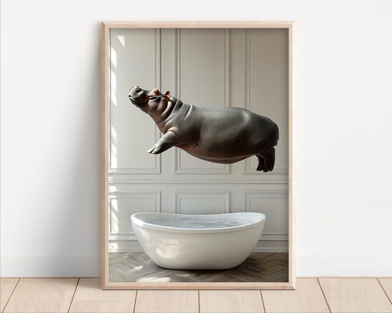 Hippo Jumping Into Bathtub Poster Or Canvas Funny Bathroom Wall Art Decor Animals Taking A Bath Cute Hippopotamus Print Animal
