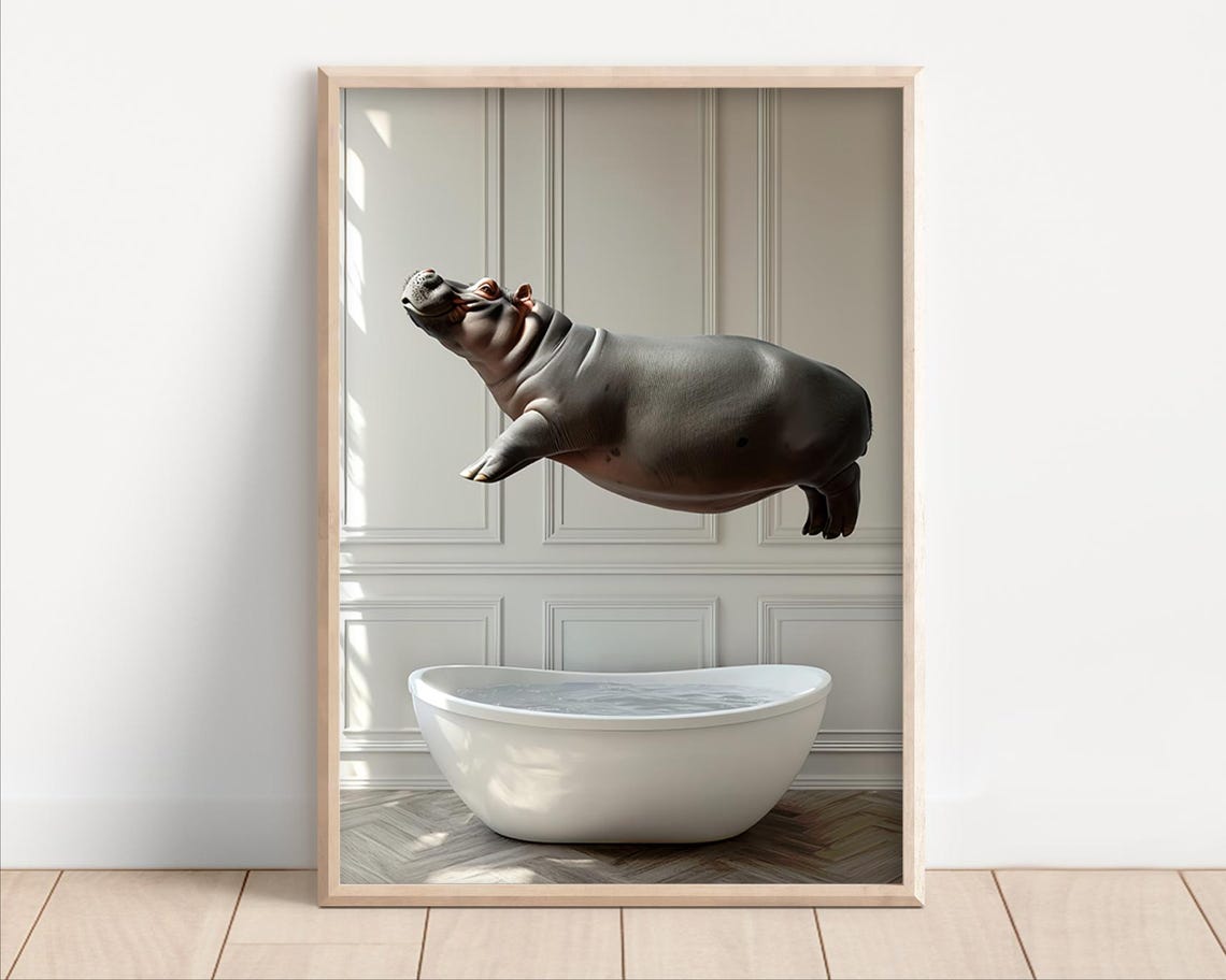Funny Chunky Hippo Jumping into a Bathtub Quirky Bathroom Poster
