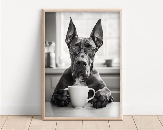 Great Dane Drinking Coffee Wearing Glasses Poster Or Canvas Funny Kitchen Wall Art Dog Lover Humor Cute Animal Decor Lovers