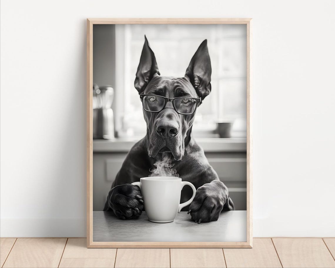 Great Dane Wearing Glasses Drinking Coffee Funny Kitchen Poster