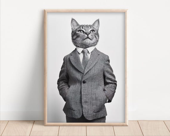 Cat Wearing A Business Suit Funny Office Wall Art Print Animal Home Decor Success Quirky Humor Cute Retro Photo