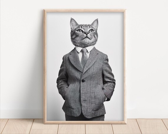 Cat Wearing Business Suit Tie Black and White Funny Office Wall Poster