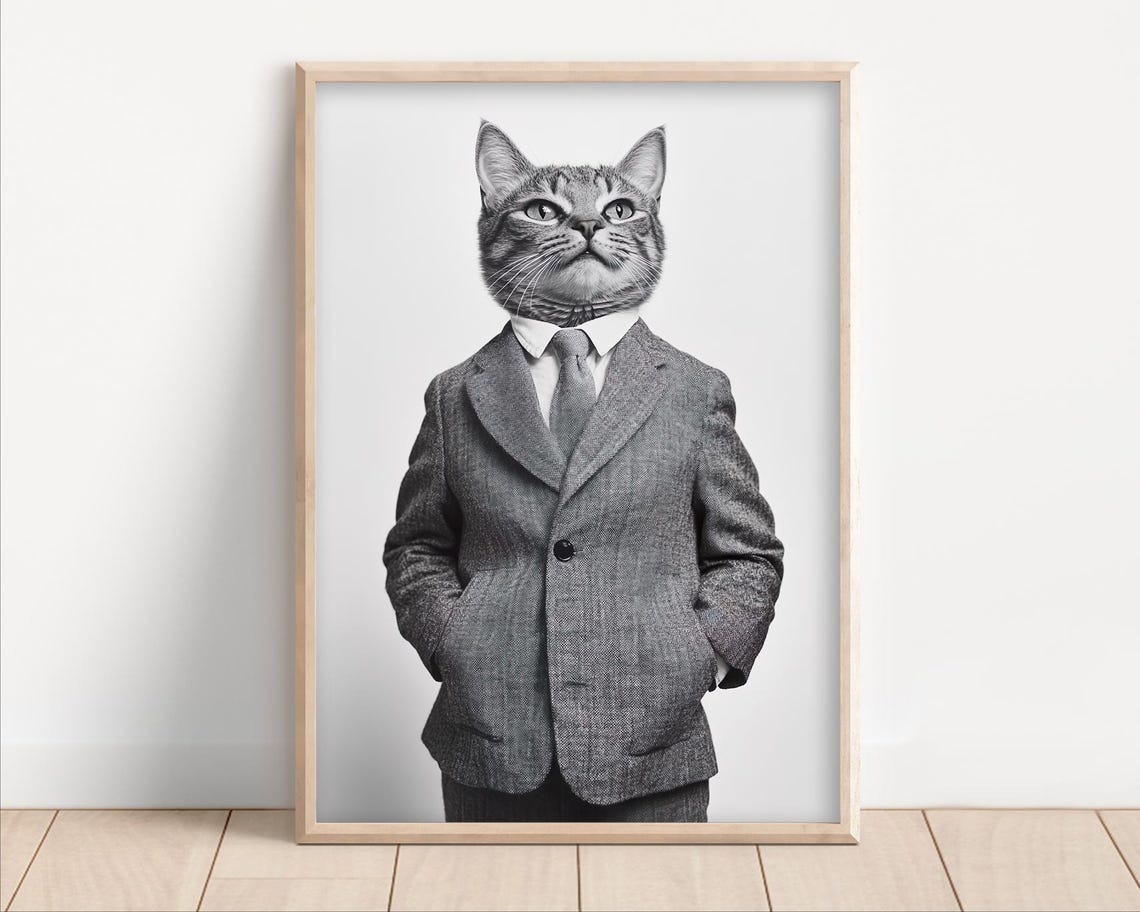 Cat Wearing Business Suit Tie Black and White Funny Office Wall Poster