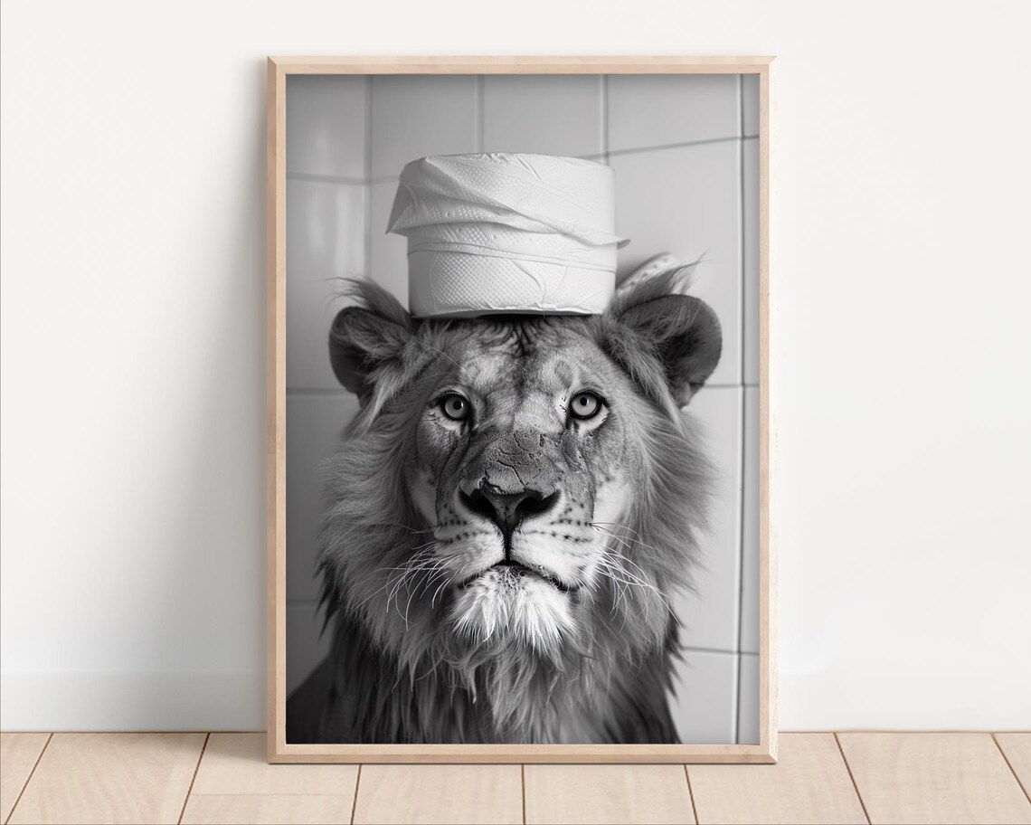 Lion Balancing Toilet Paper on Head Funny Bathroom B&W Animal Poster