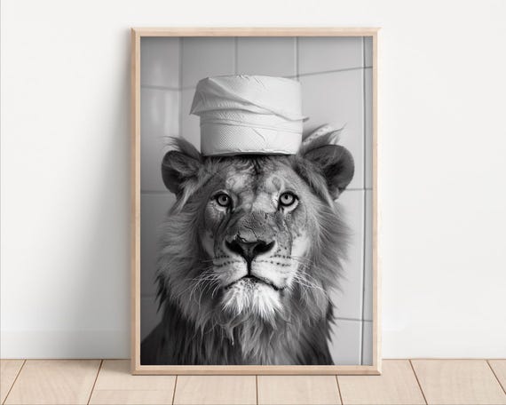 Lion With Toilet Paper On Poster Or Canvas Funny Bathroom Wall Art Kids Laundry Room Decor Animal Humor Photo Cute Print