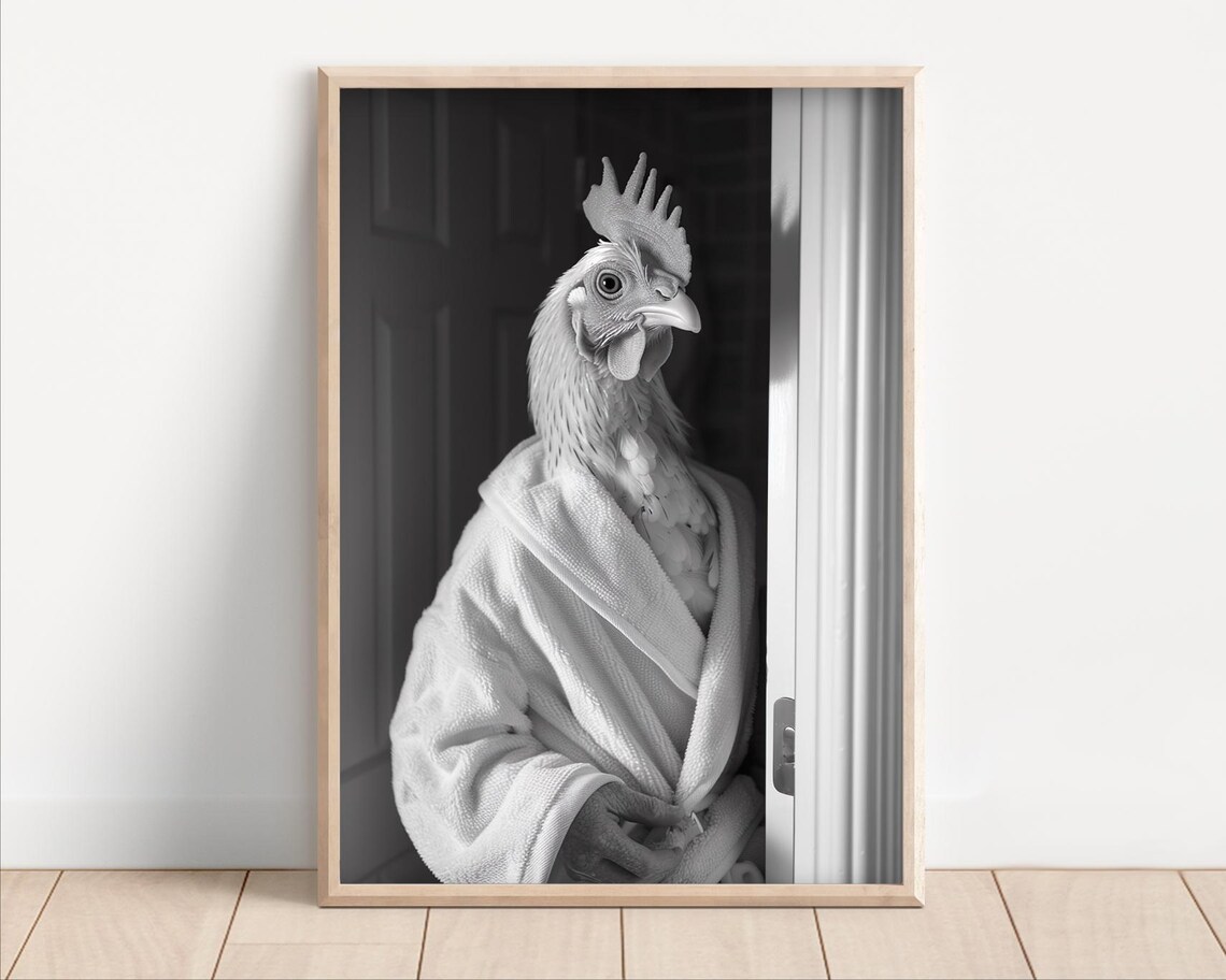Funny Rooster In Bathrobe Black And White Bathroom Humor Wall Art