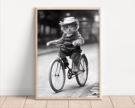 Cat Riding A Bike Poster Or Canvas Funny Animal Wall Art Retro Vintage Style Home Decor Cute Kids Nursery Room Print Quirky Humor
