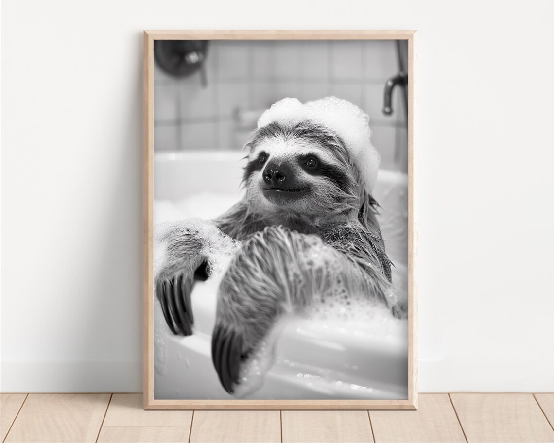 Sloth Taking A Bath Vintage Retro Bathroom Art Print
