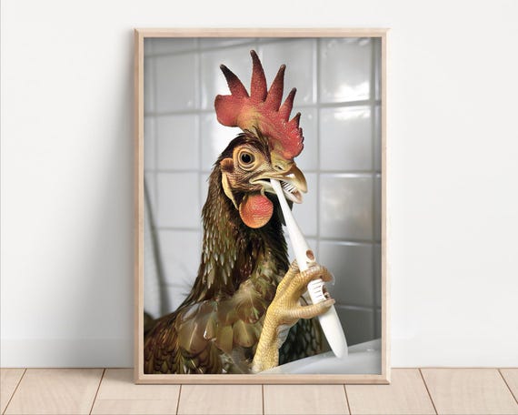 Funny Chicken Brushing Teeth Bathroom Wall Art Poster Canvas Quirky Laundry Room Decor Dentist Animal Cute Print