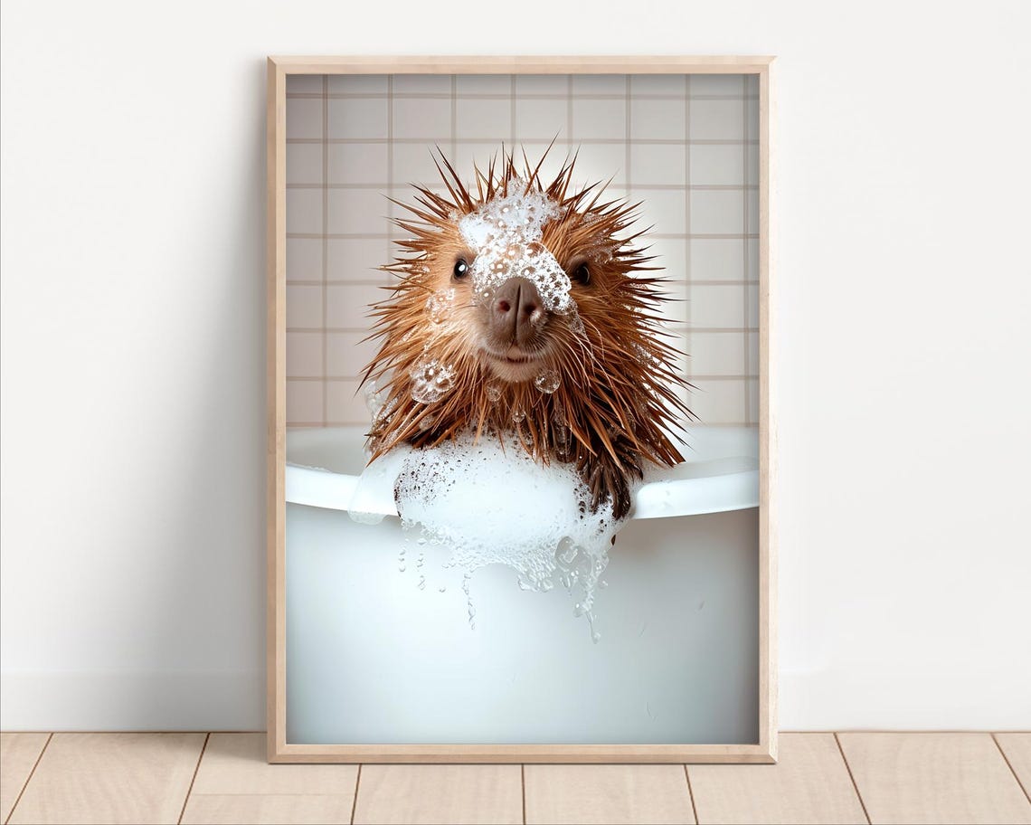 Porcupine Bubble Bath Funny Photoreal Bathroom Animal Poster